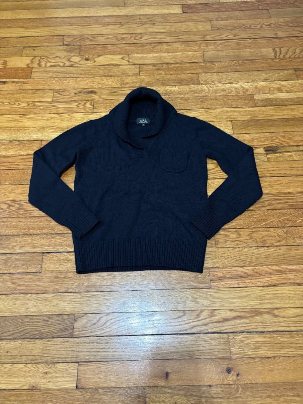 APC Rue Madame Paris Womens Merino Wool Sweater Sz Small Blue Shawl Collar